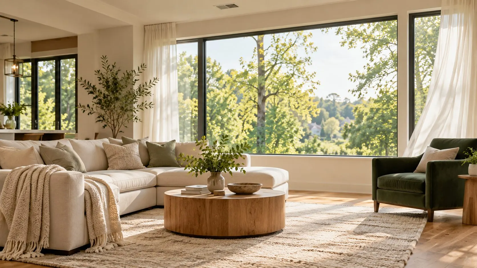Comfort illustration: a sunlit room with a cream sectional sofa, round wooden coffee table, forest green armchair, and tall windows looking out on green trees.